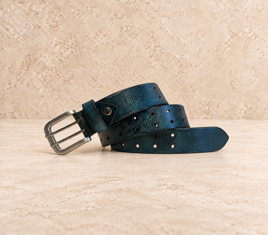 Teal distressed men’s belt AIL-MBELT-0066 in a coiled front view