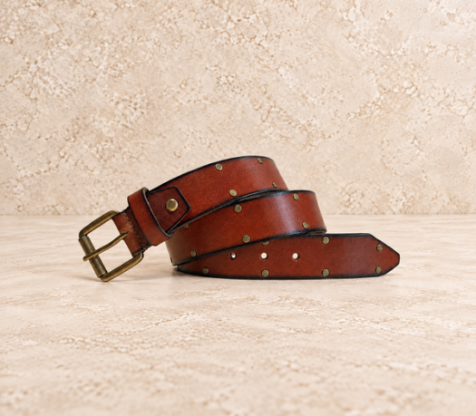 Brown studded men’s belt AIL-MBELT-0067 in a coiled front view