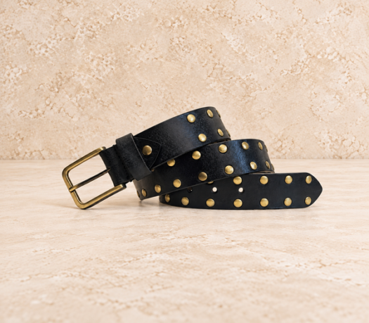 Black brass-studded men’s belt AIL-MBELT-0068 in a coiled front view