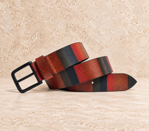 Red and black colour-block men’s belt AIL-MBELT-0069 in a coiled front view