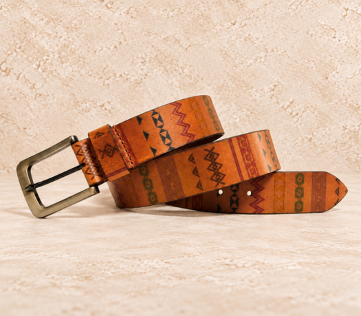 Tan motif-patterned men’s belt AIL-MBELT-0071 in a coiled front view