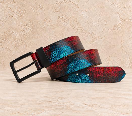 Black red and teal patterned men’s belt AIL-MBELT-0072 in a coiled front view