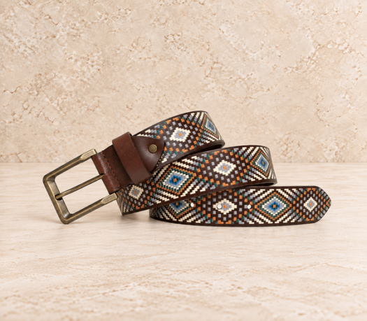 Brown geometric embroidered men’s belt AIL-MBELT-0074 in a coiled front view