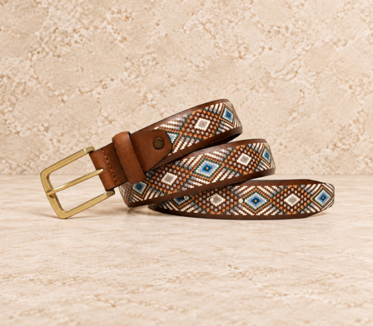 Cognac diamond embroidered men’s belt AIL-MBELT-0075 in a coiled front view