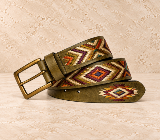 Olive chevron embroidered men’s belt AIL-MBELT-0077 in a coiled front view