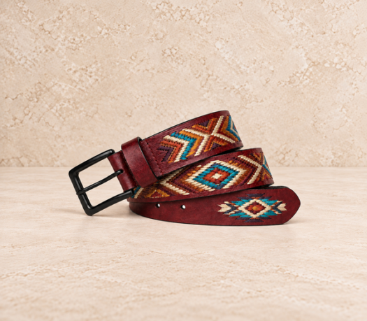Burgundy geometric embroidered men’s belt AIL-MBELT-0079 in a coiled front view