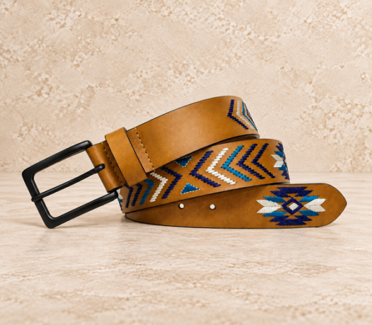 Tan multicolour chevron men’s belt AIL-MBELT-0081 in a coiled front view