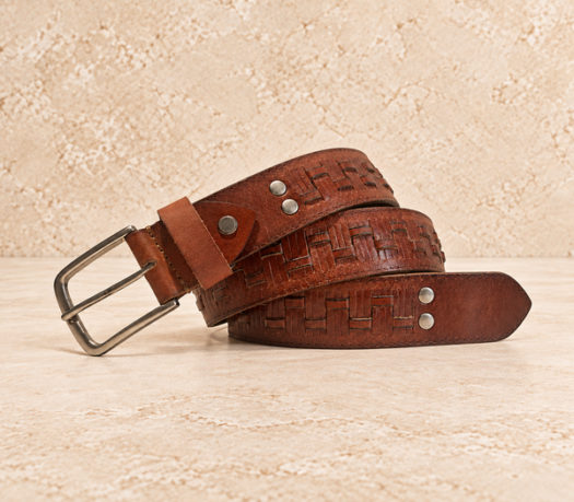 Brown basket-embossed men’s belt AIL-MBELT-0083 in a coiled front view