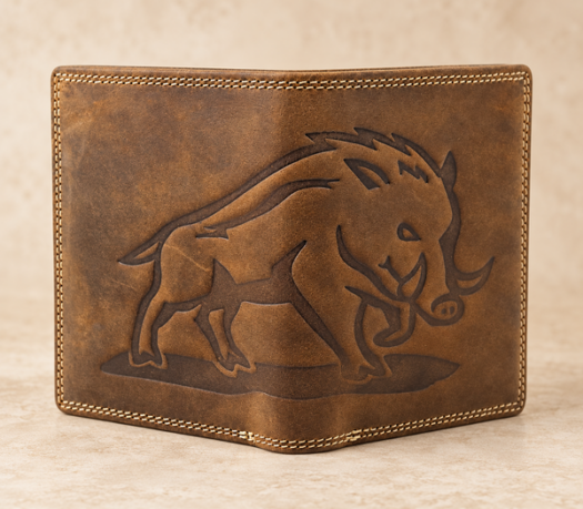 Brown distressed leather bifold wallet with wild-boar motif AIL-MW-0038, three-quarter view