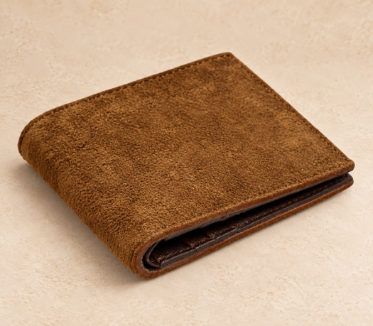 Tan and brown suede leather bifold wallet AIL-MW-0043, three-quarter view