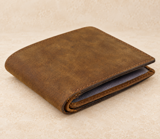 Brown distressed leather bifold wallet AIL-MW-0053, three-quarter view