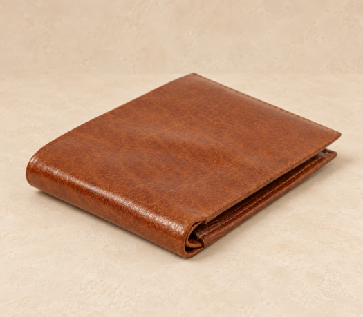 Honey crumpled-grain leather bifold wallet AIL-MW-0055, three-quarter view