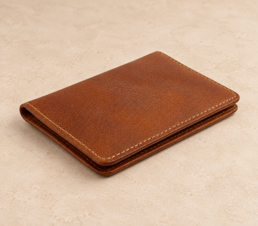 Honey crumpled-grain leather RFID bifold wallet AIL-MW-0056, three-quarter view