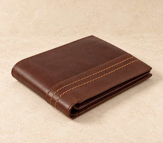 Brandy leather bifold wallet with contrast stitching AIL-MW-0058, three-quarter view