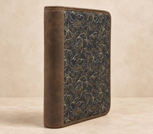 Brown leather and antler-print fabric zip portfolio AIL-SLG-0022, three-quarter view