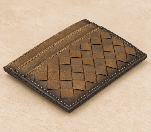 Brown distressed woven-leather ID cardholder AIL-SLG-0034, three-quarter view