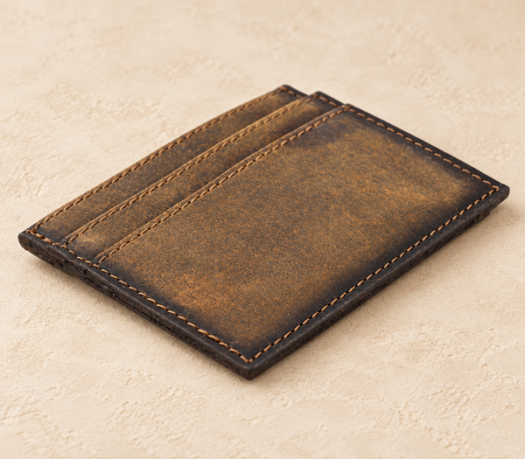 Brown distressed leather ID cardholder AIL-SLG-0035, three-quarter view