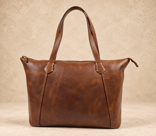 Dark brown distressed leather tote bag AIL-TOB-0001 shown from a front angled view
