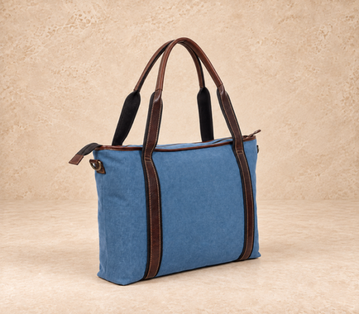 Blue textile and dark leather tote bag AIL-TOB-0008 shown from a front angled view