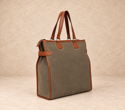 Taupe textile and tan leather shopper bag AIL-TOB-0009 shown from a front angled view
