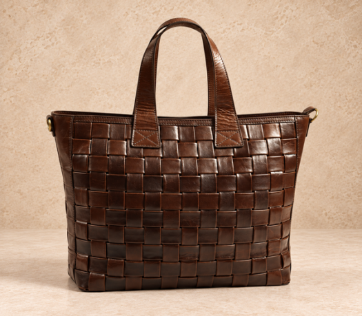 Dark brown woven leather shopper bag AIL-TOB-0012 shown from a front angled view