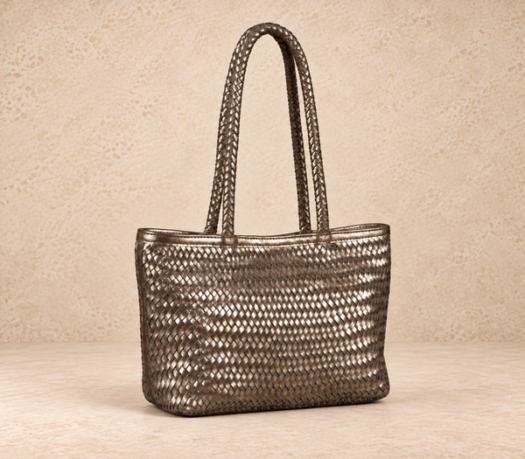 Metallic taupe woven leather shopper AIL-TOB-0030 shown from a front angled view
