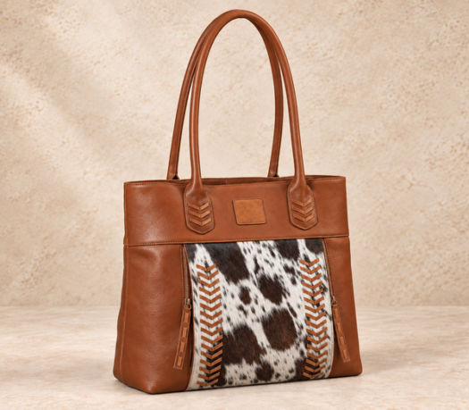 Cognac leather and hair-on shopper bag AIL-TOB-0043 shown from a front angled view