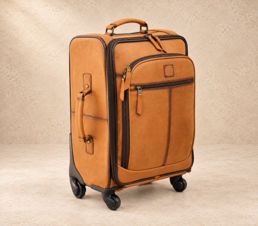Cognac tan leather four-wheel trolley case AIL-TRB-0006 shown from a front three-quarter angle