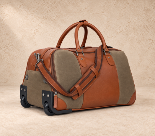 Cognac leather and taupe textile wheeled duffle AIL-TRB-0007 shown from a front three-quarter angle