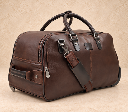 Dark brown leather wheeled travel duffle AIL-TRB-0011 shown from a front three-quarter angle
