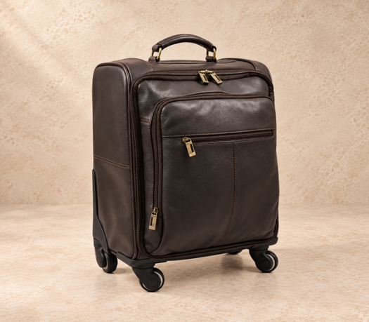 Dark brown leather four-wheel cabin trolley AIL-TRB-0013 shown from a front three-quarter angle