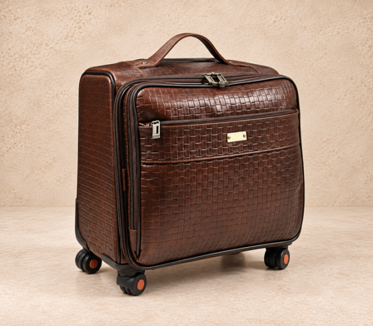 Brown woven leather four-wheel cabin trolley AIL-TRB-0015 shown from a front three-quarter angle