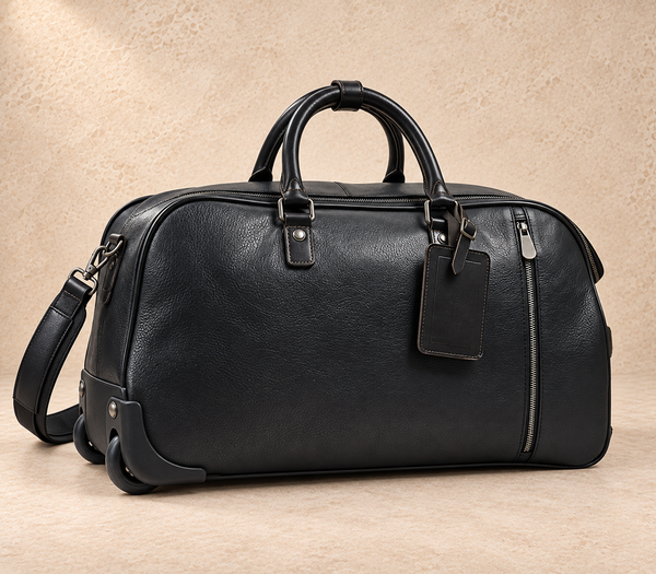 Black pebbled-leather wheeled travel duffle AIL-TRB-0018 shown from a front three-quarter angle