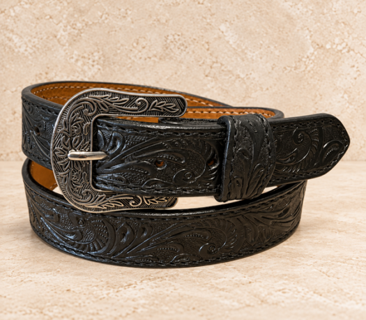 Black floral-tooled western belt AIL-WBELT-0001 in a coiled front view