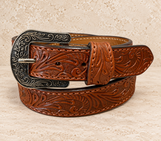 Cognac floral-tooled western belt AIL-WBELT-0002 in a coiled front view