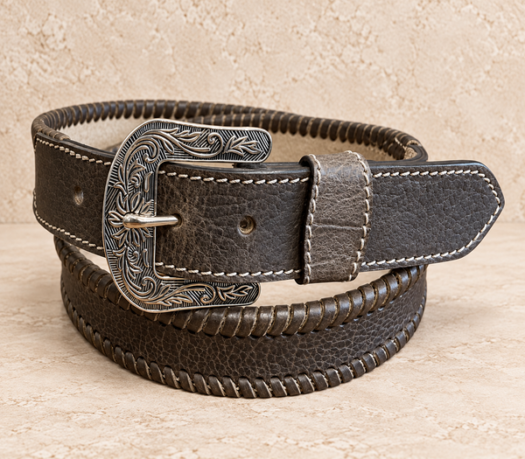 Dark charcoal braided-edge western belt AIL-WBELT-0003 in a coiled front view