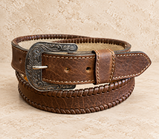 Warm brown braided-edge western belt AIL-WBELT-0004 in a coiled front view