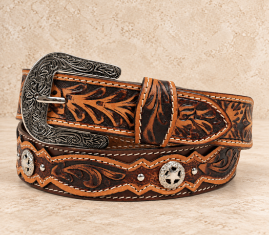 Tan and black tooled concho western belt AIL-WBELT-0005 in a coiled front view
