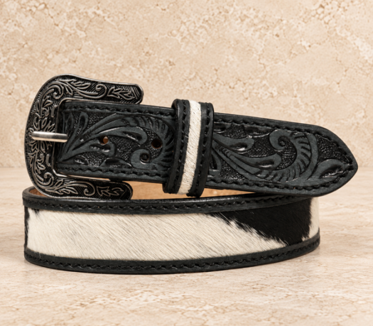 Black hair-on-hide western belt AIL-WBELT-0013 in a coiled front view