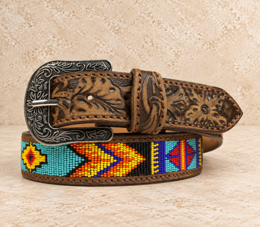Multicolour beaded western belt AIL-WBELT-0014 in a coiled front view