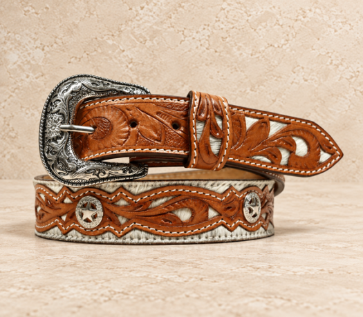 Cognac cut-out concho western belt AIL-WBELT-0016 in a coiled front view