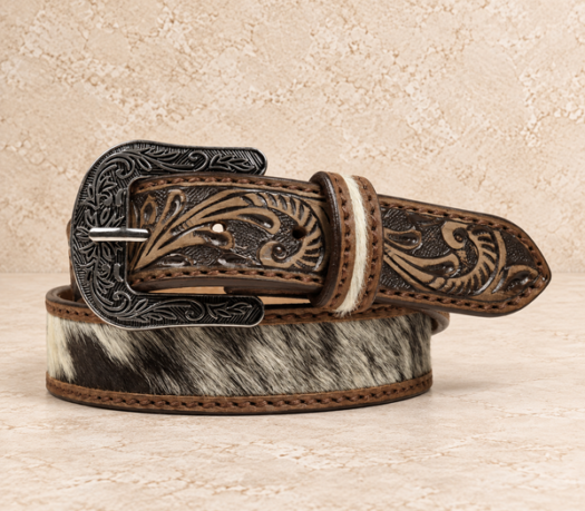 Brown mottled hair-on-hide western belt AIL-WBELT-0018 in a coiled front view