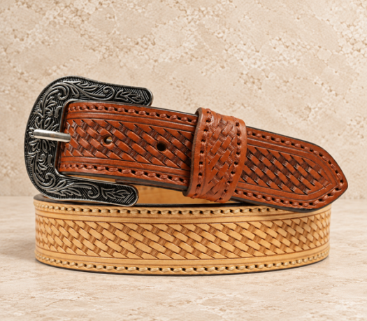 Two-tone basket-weave western belt AIL-WBELT-0021 in a coiled front view