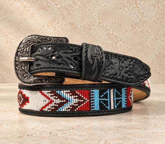 Black geometric beaded western belt AIL-WBELT-0023 in a coiled front view