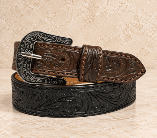 Black and brown tooled western belt AIL-WBELT-0025 in a coiled front view