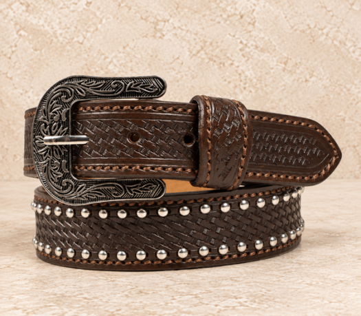 Dark brown studded basket-weave western belt AIL-WBELT-0026 in a coiled front view