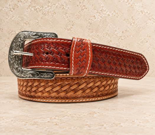 Cognac and tan basket-weave western belt AIL-WBELT-0027 in a coiled front view