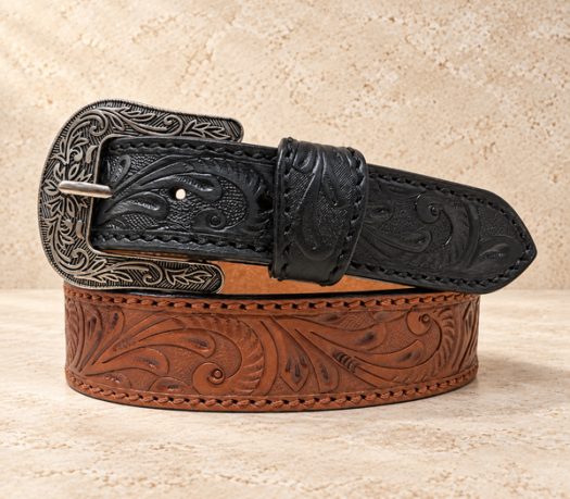 Black and cognac tooled western belt AIL-WBELT-0029 in a coiled front view