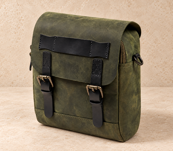 Olive distressed leather messenger bag AIL-MB-0020 with black straps shown from a front angled view
