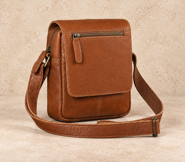 Cognac pebbled leather compact crossbody bag AIL-MB-0040 shown from a front angled view